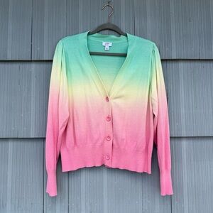 EUC CROWN & IVY ombre rainbow long sleeve cardigan sweater, size XL
